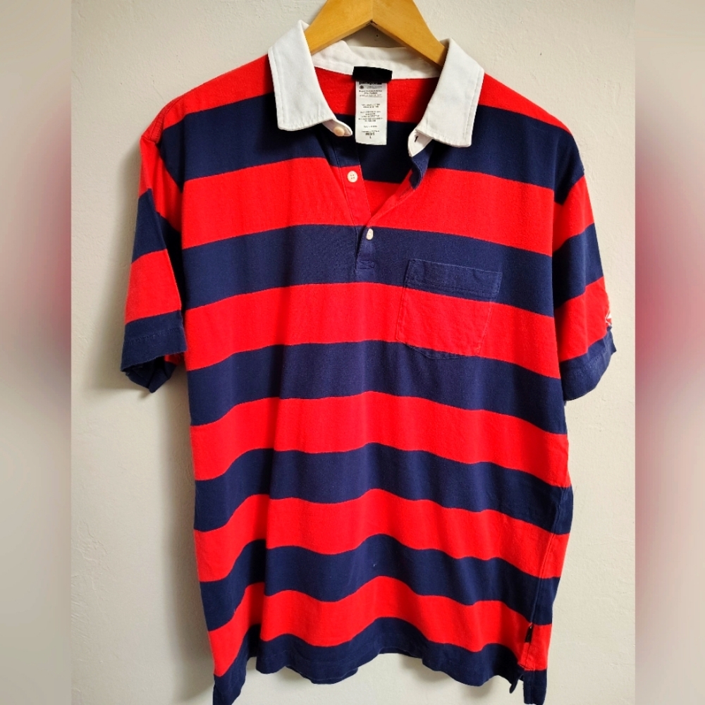 Patagonia Red and Blue Polo Shirt Classic Striped Design Organic Cotton Size L
